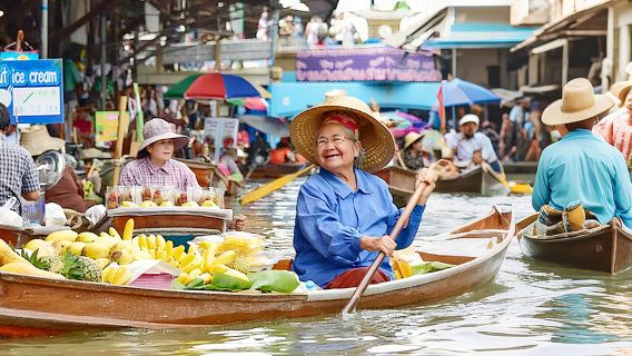 [Ausgeschlafen starten – Premium-Gruppe] Tagesausflug zum Amphoe Damnoen Saduak Schwimmenden Markt und Talad Rom Hub in Bangkok