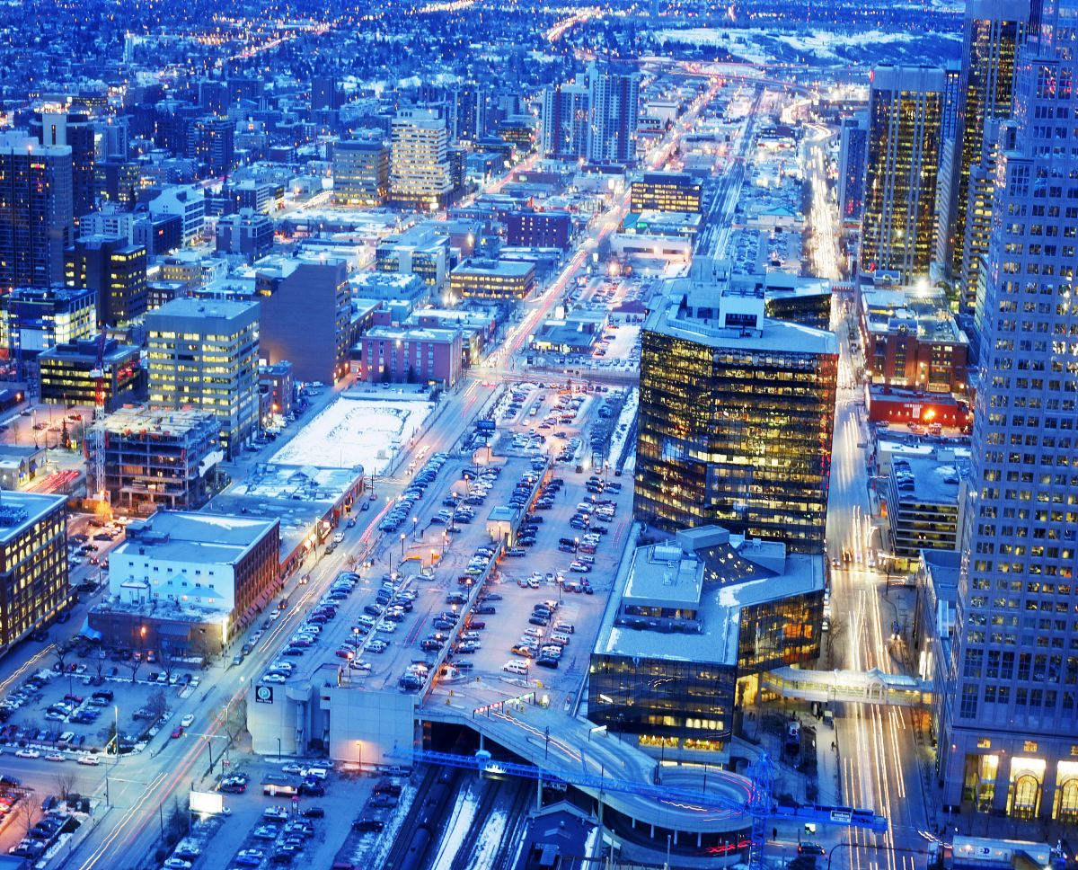 Calgary's downtown buildings seen from street level