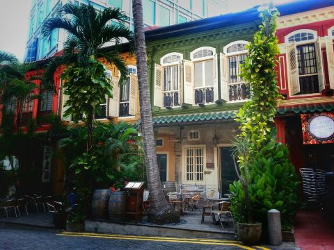 Peranakan shophouses on Emerald Hill in Singapore, with painted facades, timber shutters, and palms along the street
