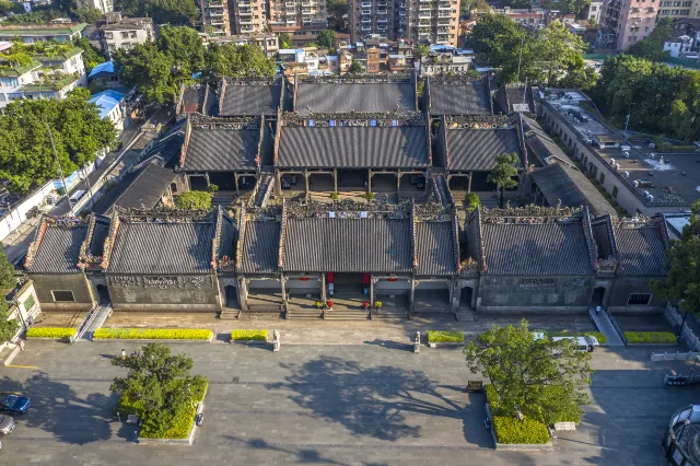 Aerial view of the grey-tiled roofs and courtyards of the Chen Clan Ancestral Hall in Guangzhou