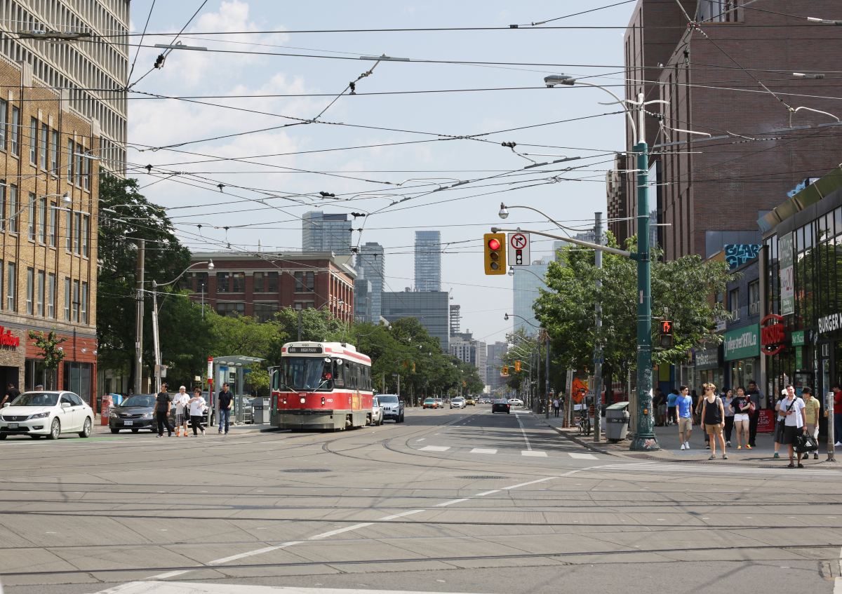 A downtown Toronto street lined with offices and shops