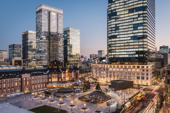 Tokyo Station Marunouchi plaza at dusk, near Tokyo hotels in Nihonbashi and Yaesu