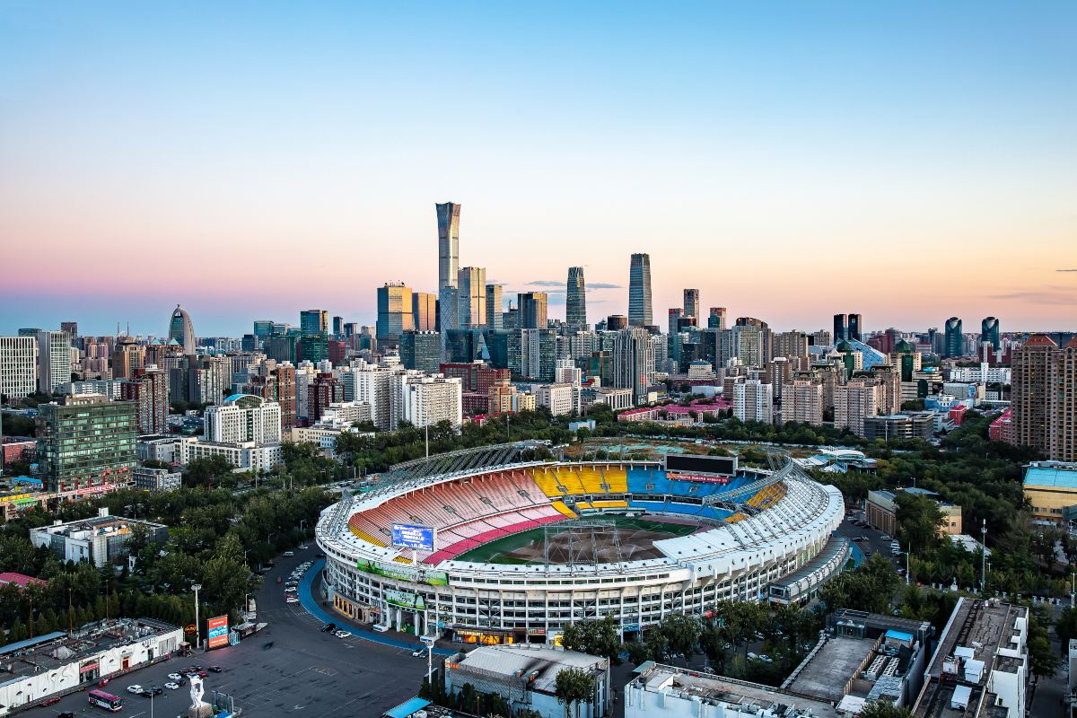 Workers' Stadium and the CBD skyline, near Beijing hotels on the East Second Ring