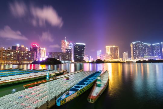 Macau Peninsula waterfront at night, near Macau hotels in the old city