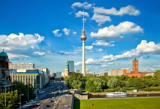 The TV tower above Alexanderplatz, with the Spree and the riverfront below