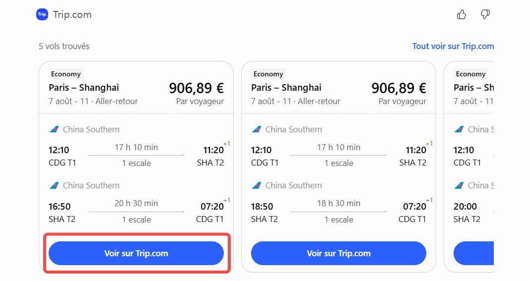 vols paris a ashanghai