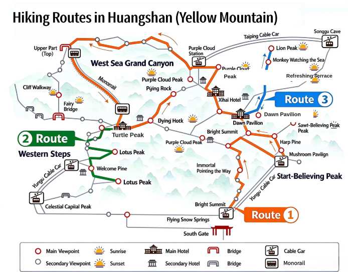 Huangshan hiking trail map