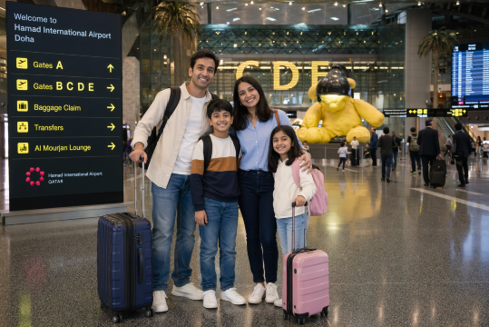 family passengers at the doha airport