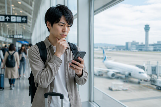 空港でスマホを持つ日本人