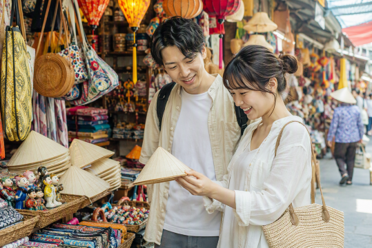 ベトナムで買い物する日本人カップル