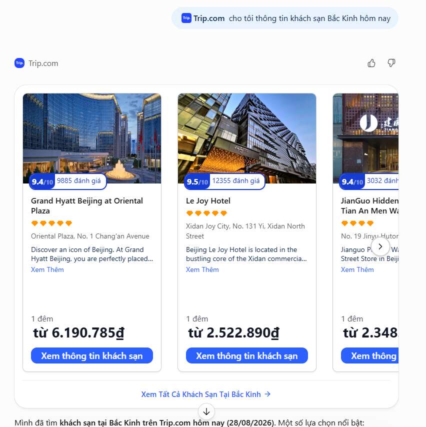 tìm khách sạn với Trip.com trên ChatGPT