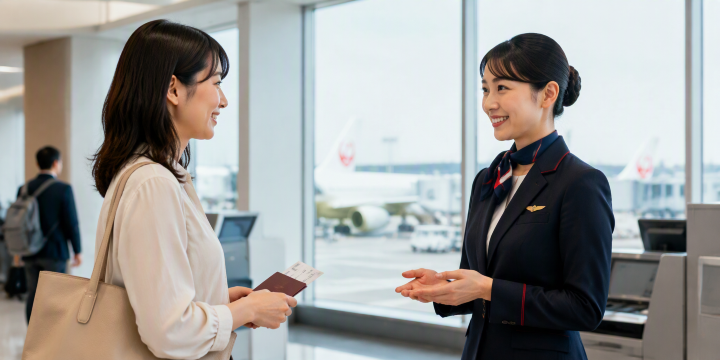 空港でCAと話す日本人