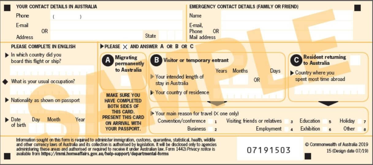 Australian Coustoms Arrival Card (English) 1