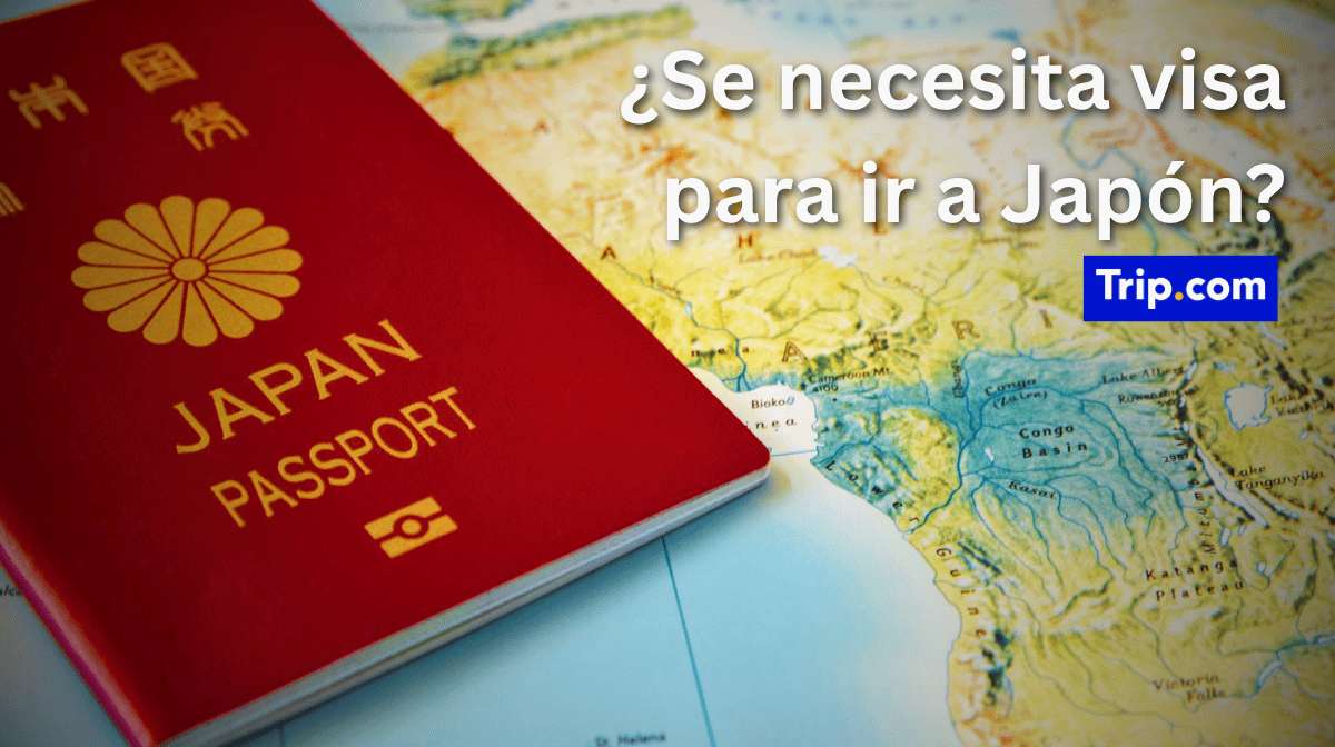 Pasaporte japonés sobre un mapa del mundo con texto sobre si se necesita visa para viajar a Japón desde España.