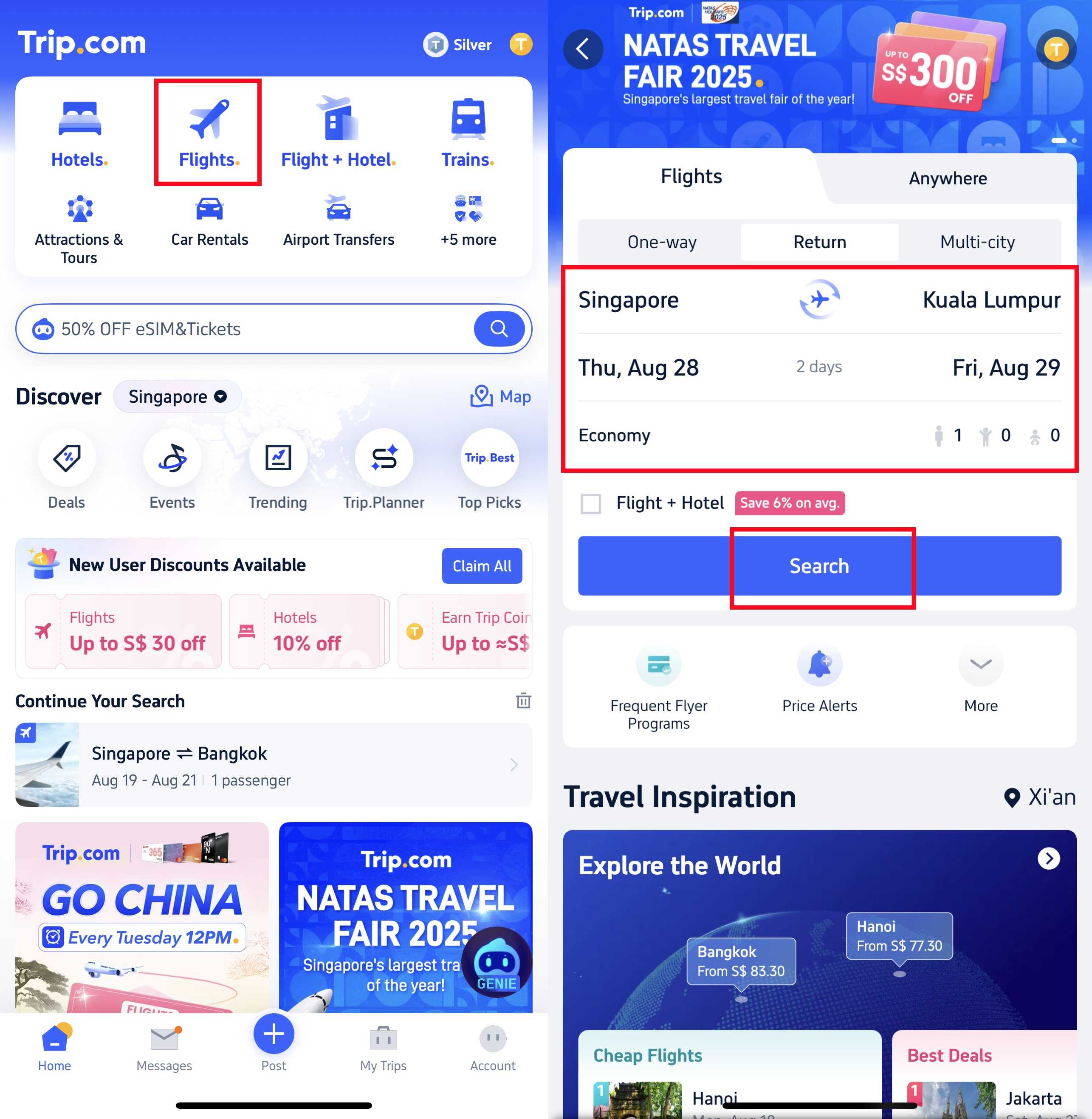 Search for Flights on Trip.com App