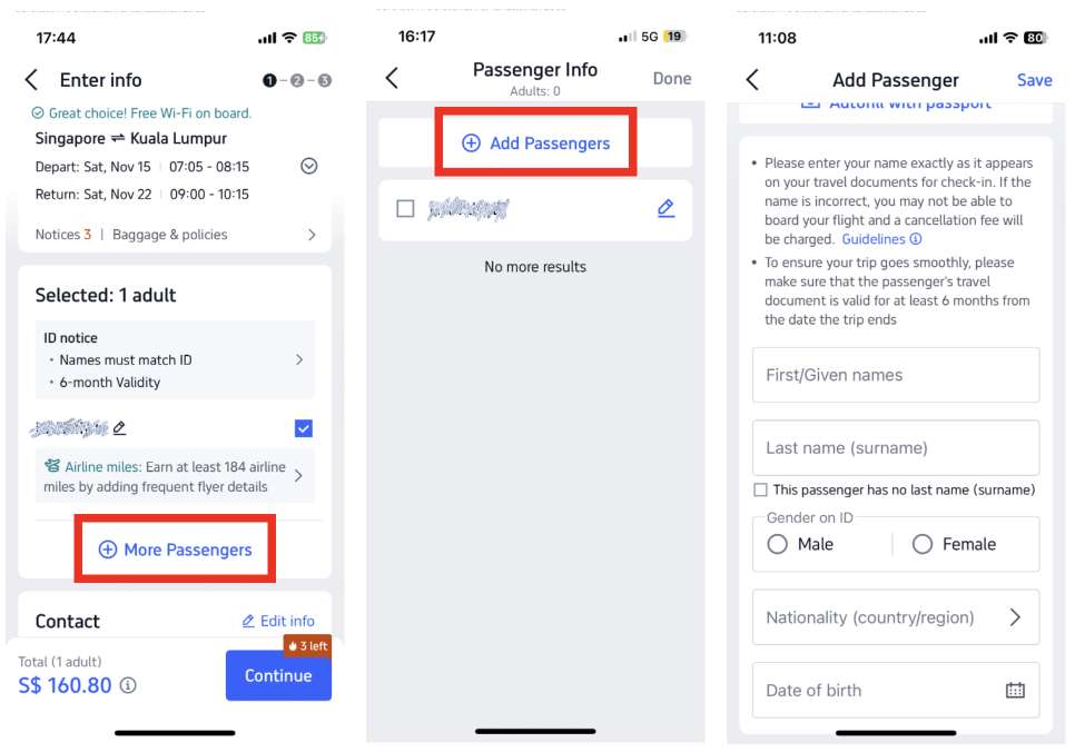 trip.com app pages to add new passenger info
