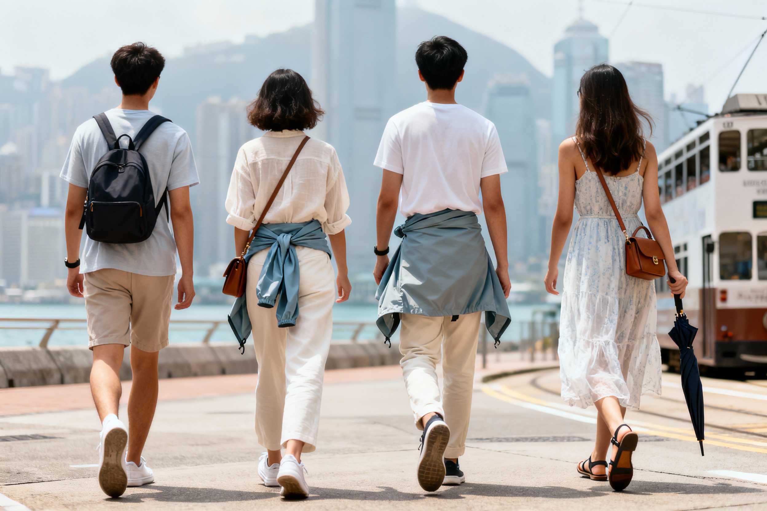 four tourists walking in hong kong in may