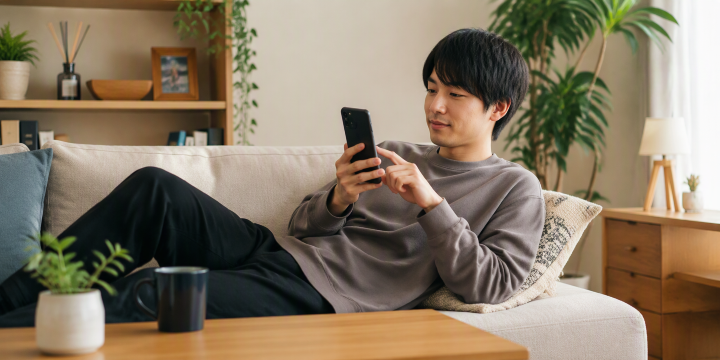 自宅でスマホを使う日本人