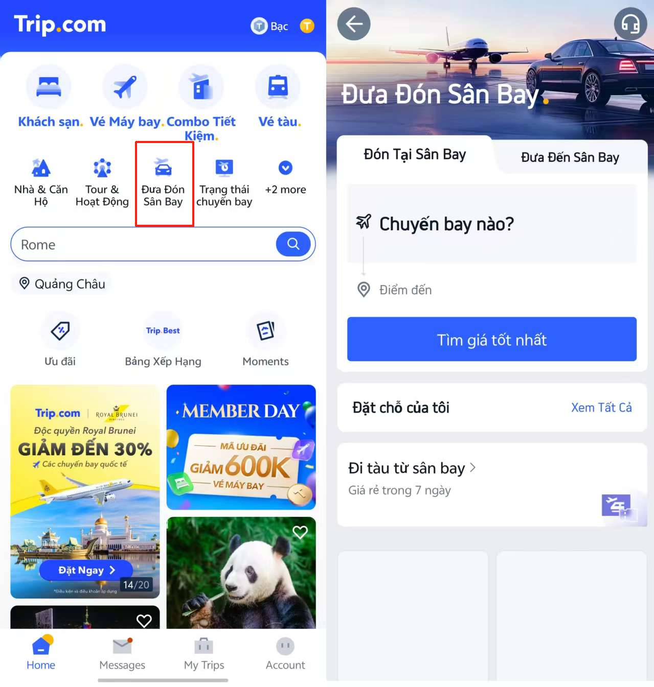 Trên ứng dụng Trip.com đặt Dịch vụ đưa đón sân bay