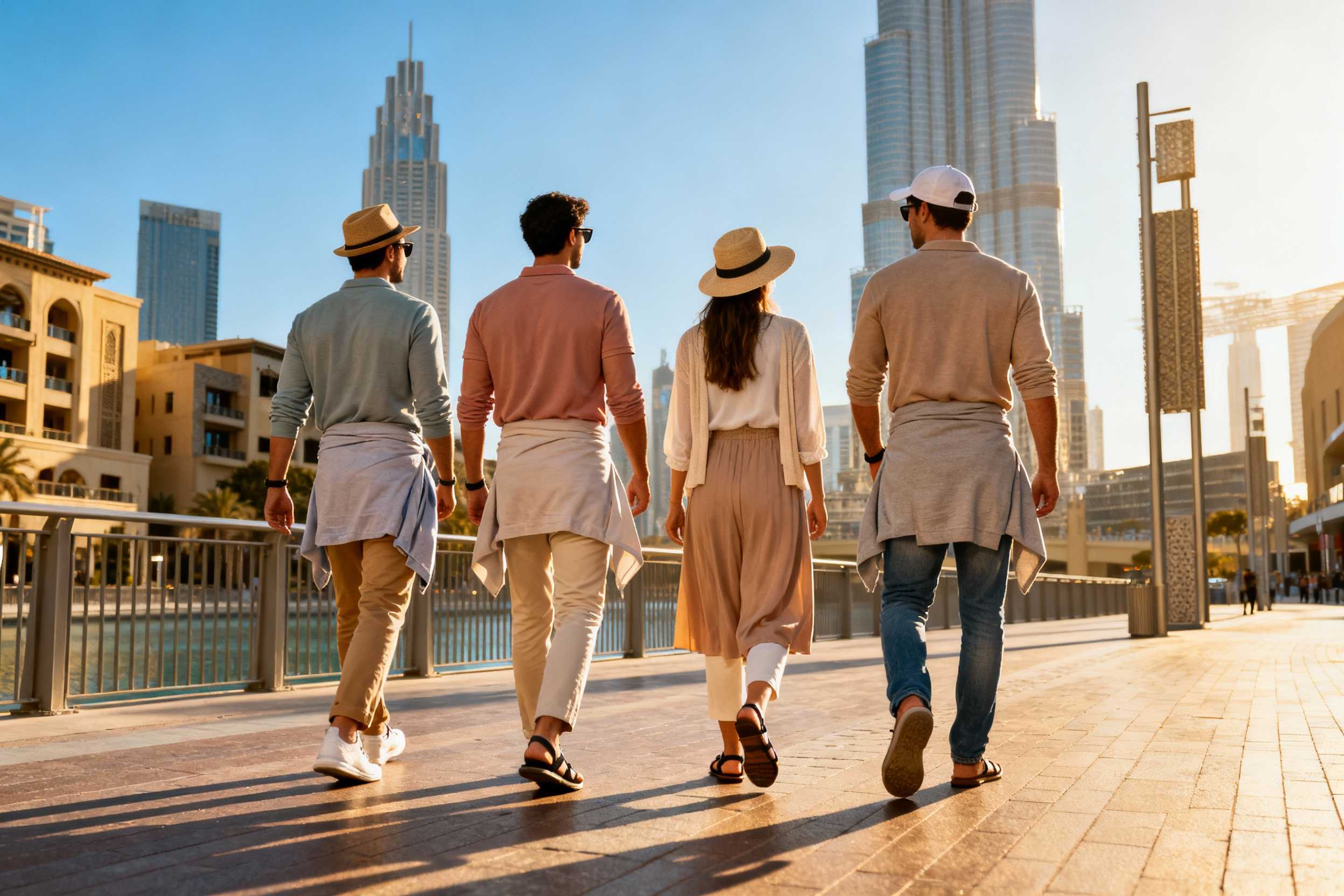 four tourists walking in dubai