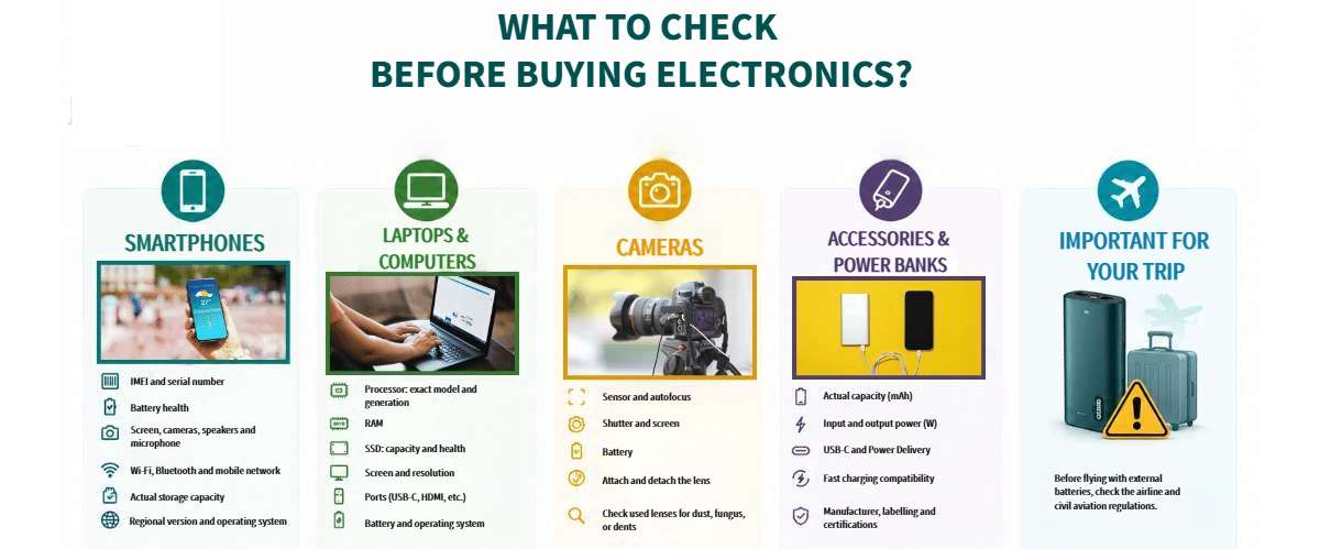 Infographic with things to check before buying electronics: smartphones, computers, cameras, accessories, and power banks