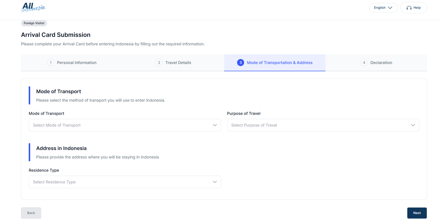 Choose Mode of Transportation & Address for All Indonesia Arrival Card