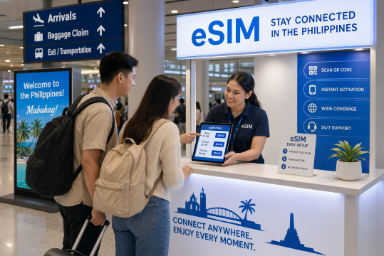 travellers arrive at airport philippines buying esim