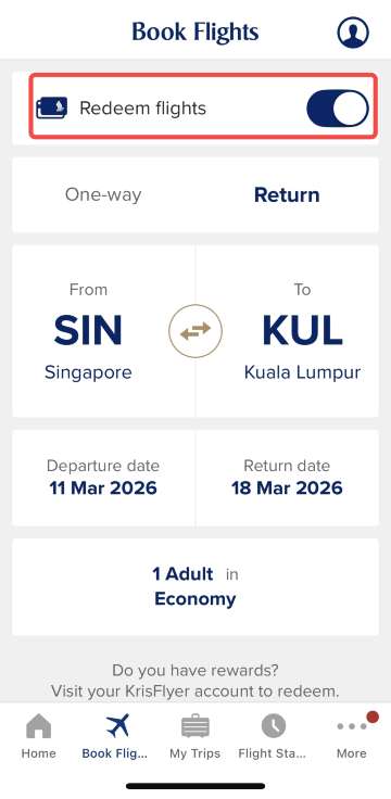 singapore airlines app book flights page