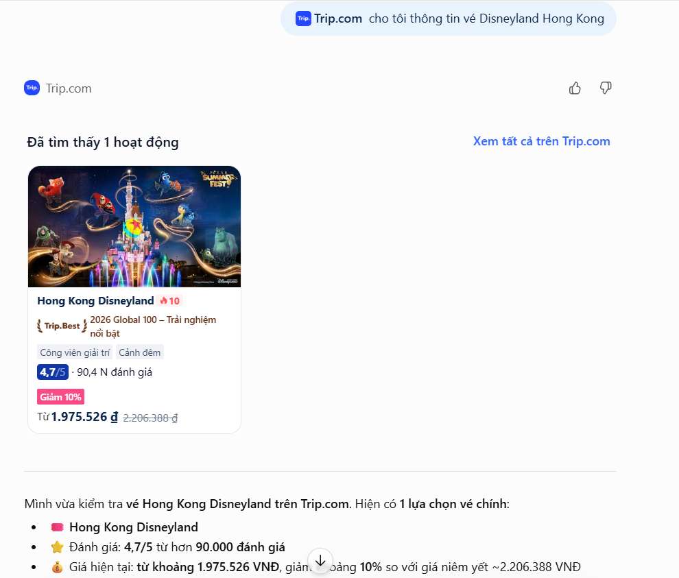 tìm vé vui chơi với Trip.com trên ChatGPT