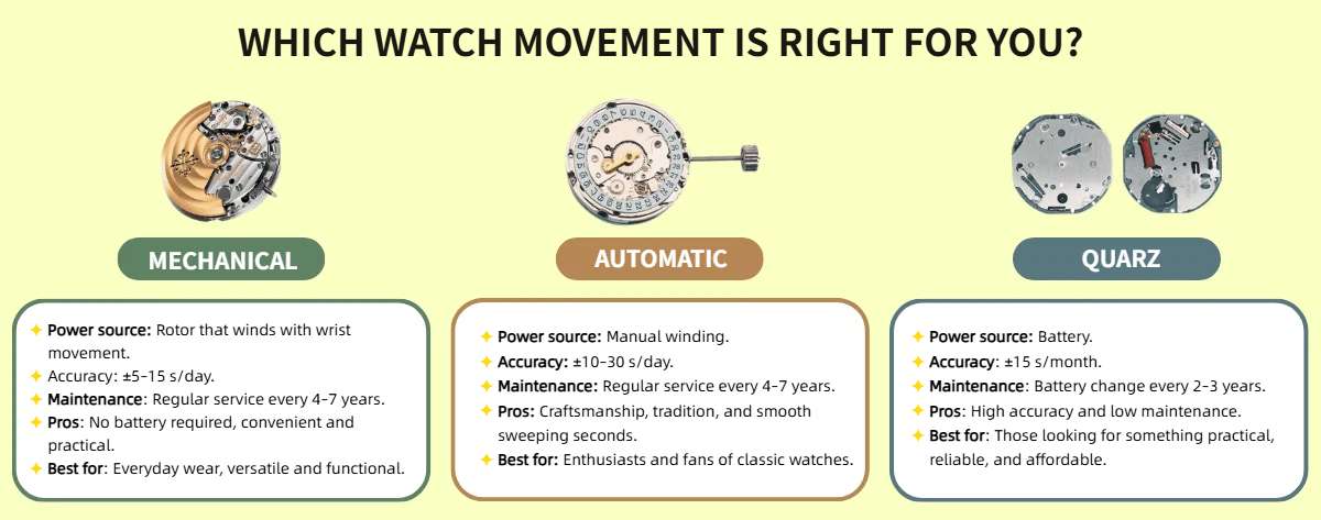 Comparative infographic "Which watch movement is best for you?" featuring the characteristics of mechanical, automatic, and quartz mechanisms