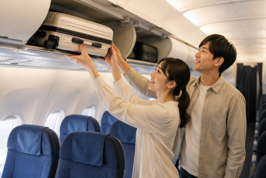 機内で荷物を収納するカップル