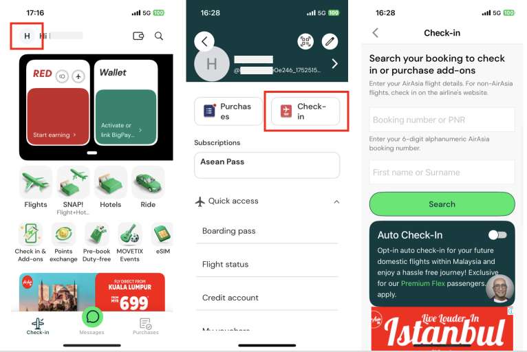 airasia move app account page how to check in