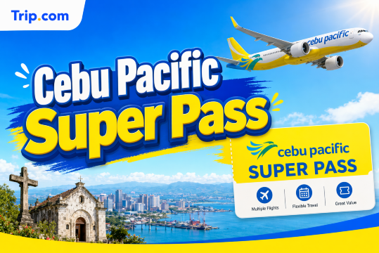 help me create cover image for this article
title is Cebu Pacific Super Pass
please show the title big word
have logo trip.com at above rights or left