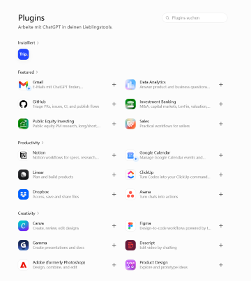Öffne den Bereich für ChatGPT-Apps oder das Menü „Werkzeuge“
