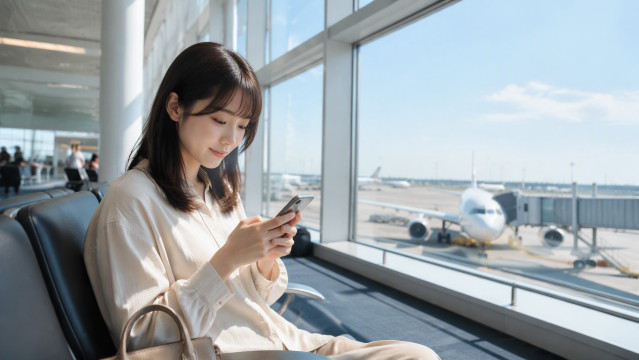 空港でスマホ操作する女性