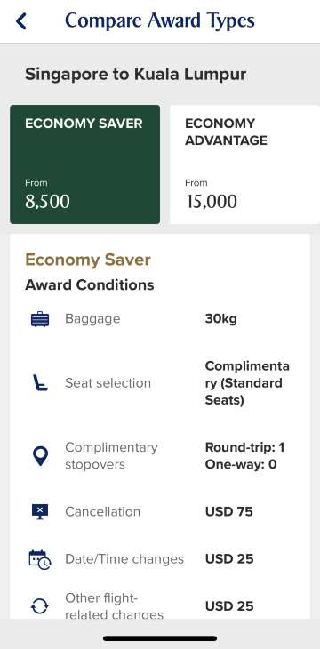 singapore airlines app compare award types page