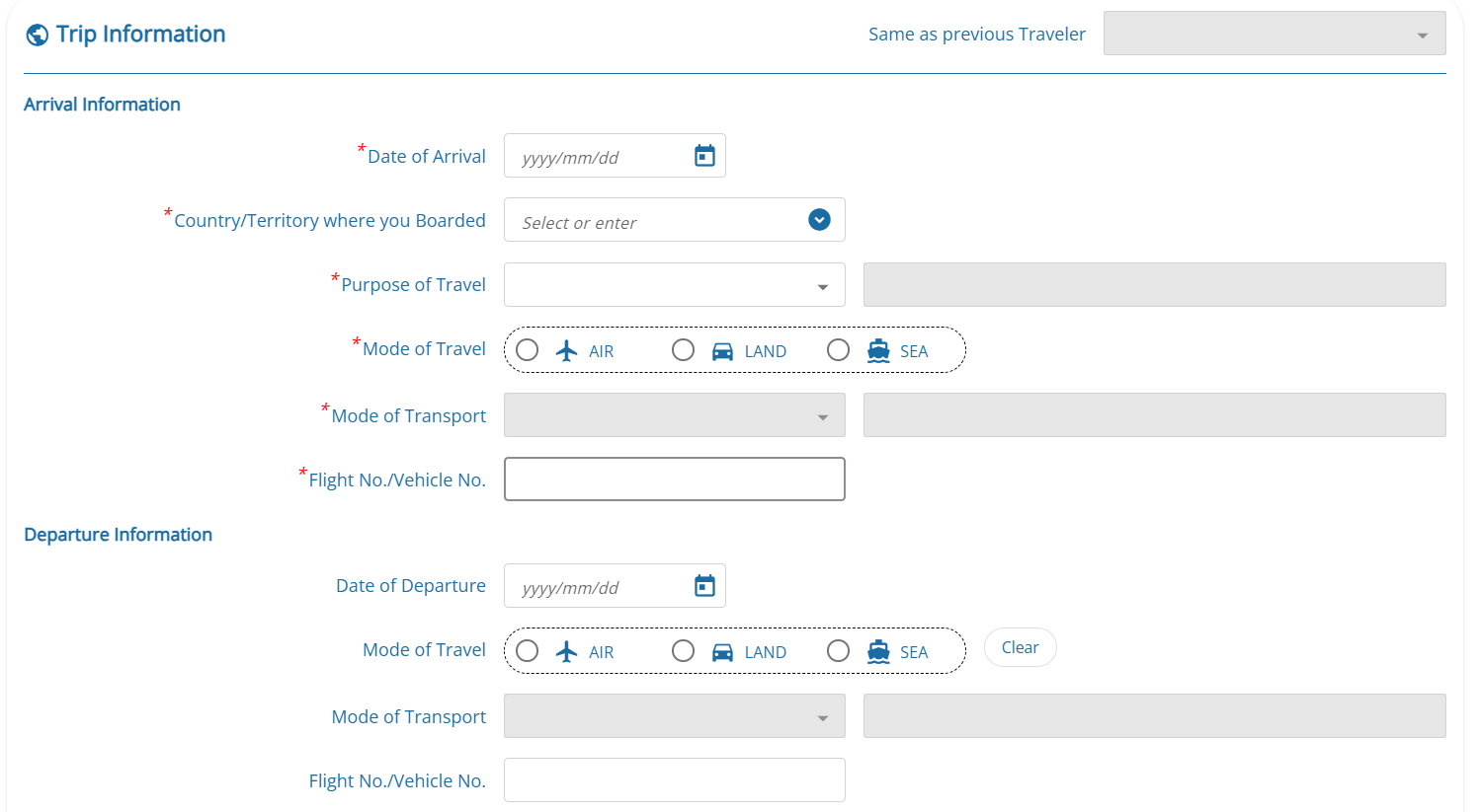 Điền thông tin hành trình trong tờ khai nhập cảnh thái lan
