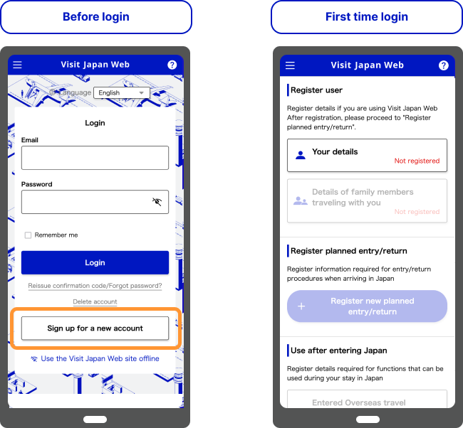 Tạo tài khoản mới hoặc đăng nhập Visit Japan Web