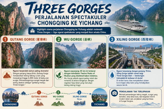 Highlight utama perjalanan Chongqing ke Yichang adalah melewati Three Gorges — tiga ngarai spektakuler yang menjadi ikon wisata China. Berikut penjelasannya:
1. 🌄 Qutang Gorge (瞿塘峡)
Ngarai terpendek namun paling dramatis! Dengan panjang hanya 8 km, Qutang Gorge menawarkan tebing-tebing curam yang menjulang hingga 1.200 meter di kedua sisi sungai. Pemandangannya sangat megah dan sering disebut sebagai "gerbang menuju Three Gorges."
2. 🌿 Wu Gorge (巫峡)
Ngarai sepanjang 45 km ini terkenal dengan keindahan Twelve Peaks of Wushan yang diselimuti kabut misterius. Wu Gorge adalah ngarai paling indah dan romantis di antara ketiganya, dengan vegetasi hijau lebat yang menutupi tebing-tebing tinggi.
3. 💧 Xiling Gorge (西陵峡)
Ngarai terpanjang dengan panjang 76 km, Xiling Gorge adalah rumah bagi Three Gorges Dam — bendungan hidroelektrik terbesar di dunia! Di sinilah kamu bisa menyaksikan sistem kunci kapal (ship lock) yang menakjubkan secara teknik.