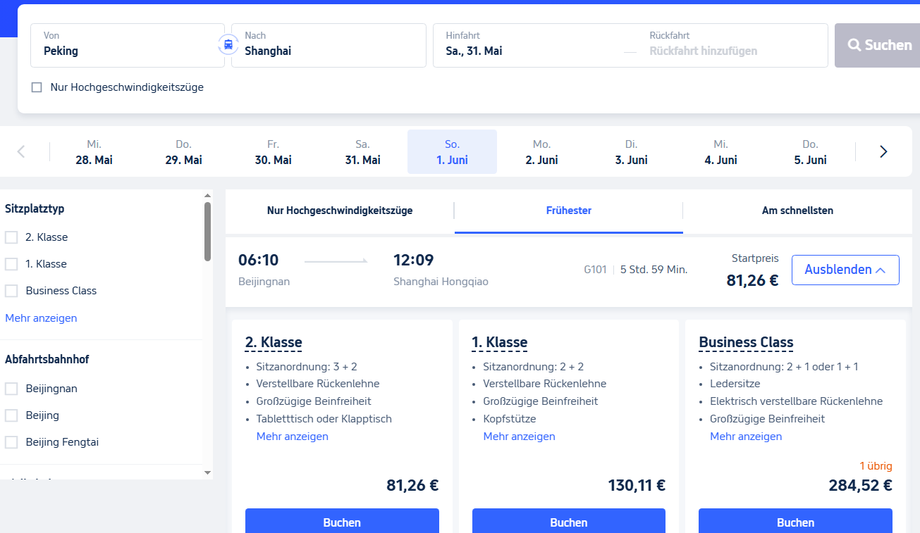 China-Zugtickets online mit Reisepass buchen