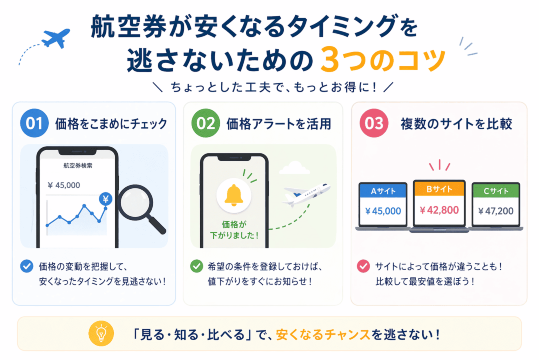 航空券が安くなるタイミングを逃さないための3つのコツ