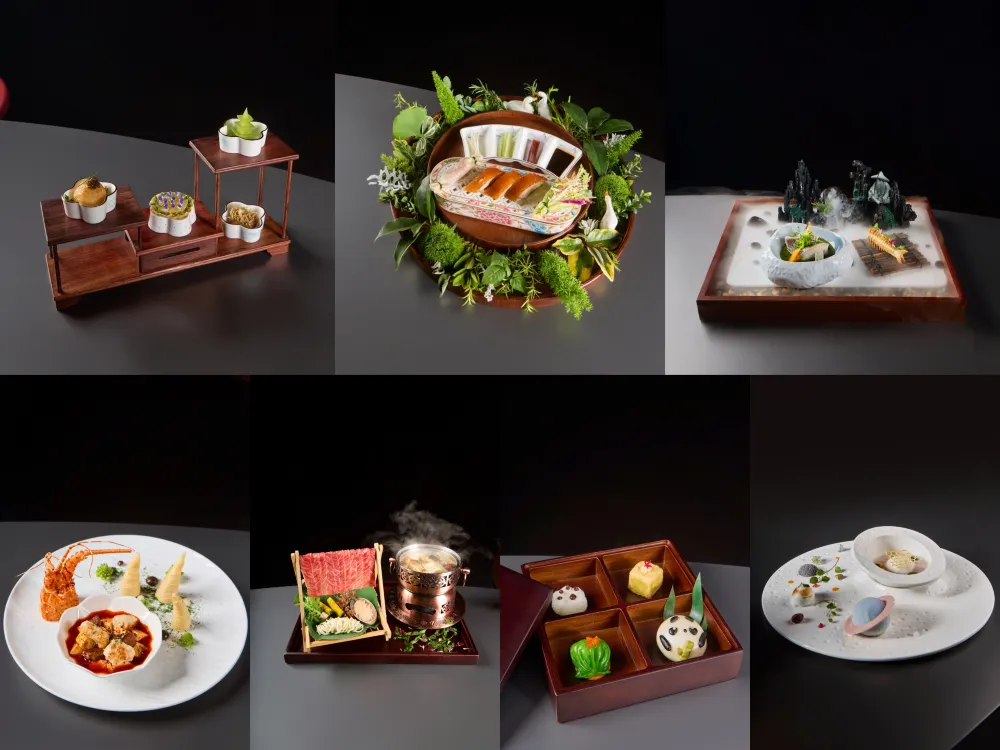 上海の高級中華レストラン「TASTE of CHINA」で提供されるコース料理。木製トレーや陶器皿に芸術的に盛り付けられた前菜やメイン、デザートが並ぶ。