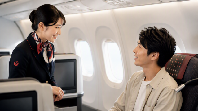 機内でCAと話す日本人