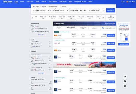 La interfaz de reserva de vuelos del sitio web oficial de Trip.com