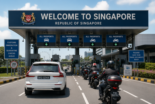 tourist entering singapore border by car and motorcycles