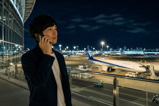 夜の空港で通話