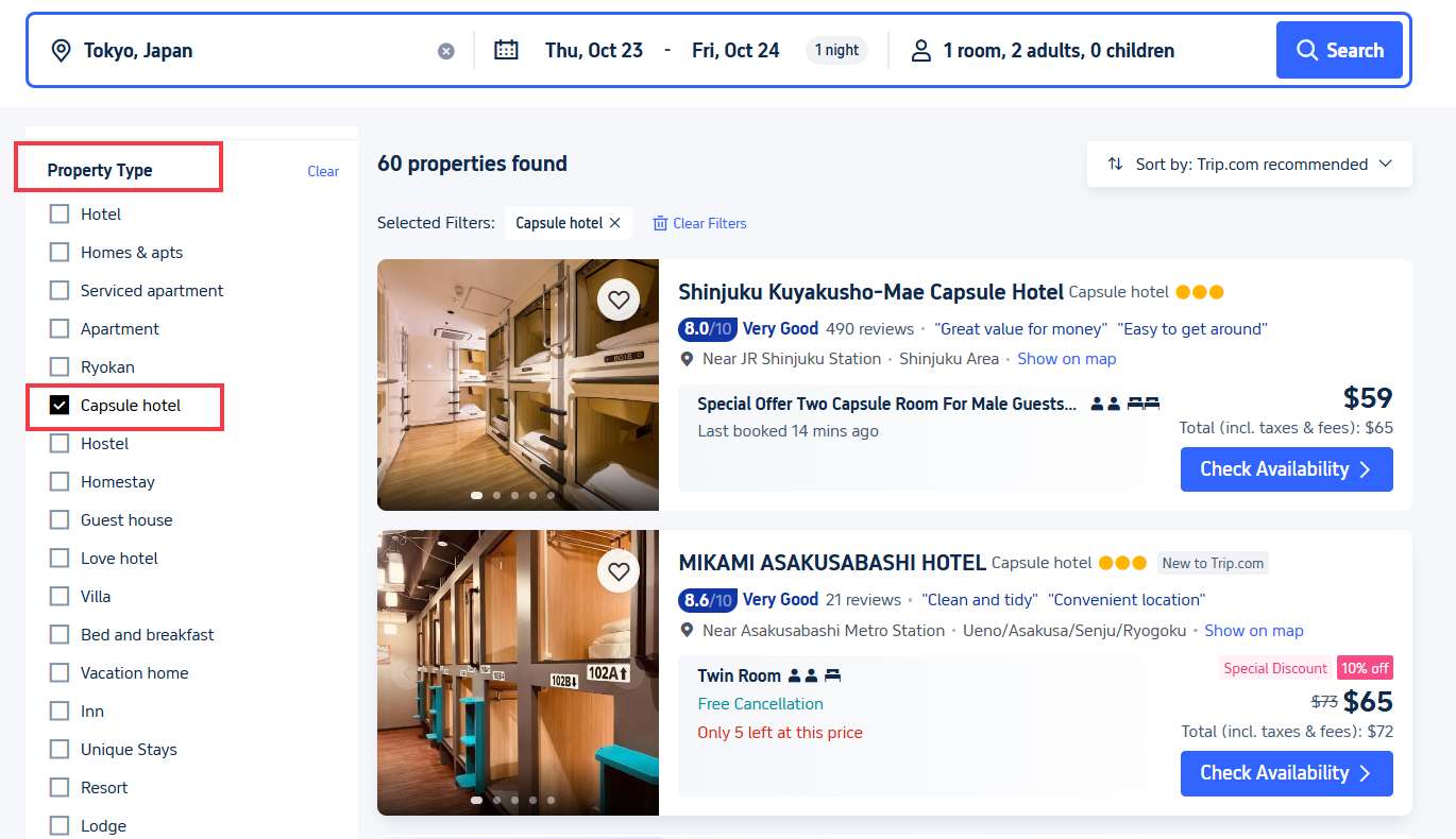 How to Book Capsule Hotels on Trip.com?