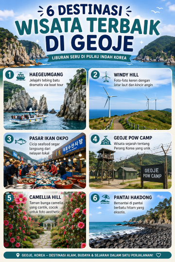 🌊 Haegeumgang – Jelajahi tebing batu dramatis via boat tour
💨 Windy Hill – Foto-foto keren dengan latar laut dan kincir angin
🐟 Pasar Ikan Okpo – Cicip seafood segar langsung dari nelayan lokal
🏕️ Geoje POW Camp – Wisata sejarah tentang Perang Korea yang unik
🌺 Camellia Hill – Taman bunga camelia yang cantik, cocok untuk foto aesthetic
🏖️ Pantai Hakdong – Bersantai di pantai berbatu hitam yang eksotis