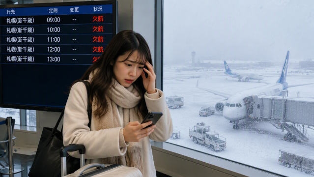 雪で欠航に困る女性