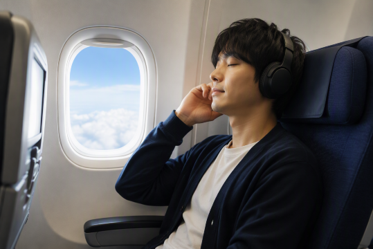 機内で音楽を聴く男性